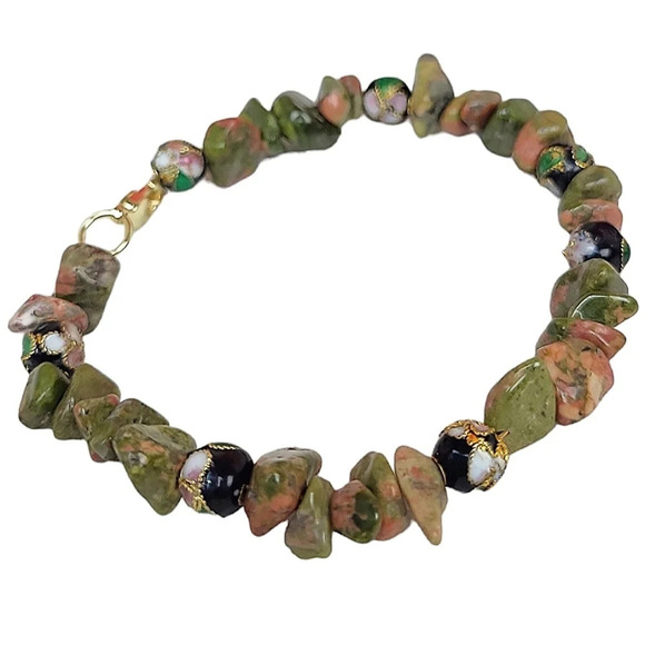 Hand Crafted Jewelry - 14K Gold Unakite Handpainted Cloisonne Bracelet